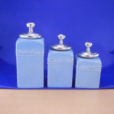 60001BLUE-PKNOB-SIL-CERAMIC CANISTER SET BLUE W/ PLAIN KNOB SILVER LIDS